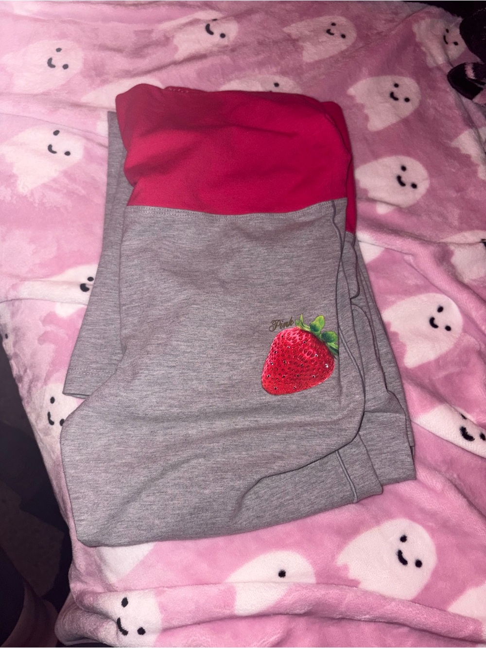 PINK Victoria's Secret Gray Flare legging with Pink Waistband and Strawberry pat
